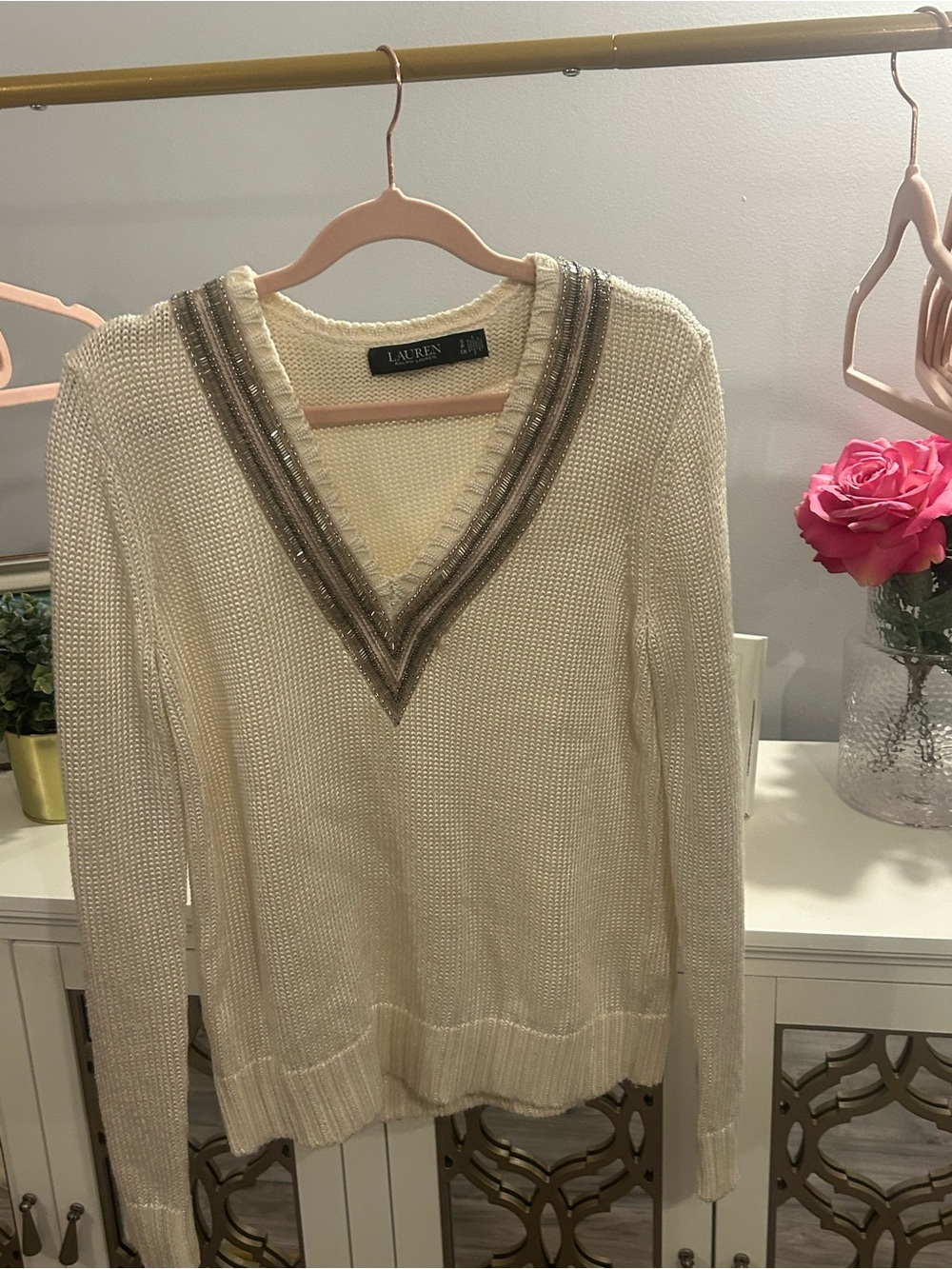 Ralph Lauren Cream V-Neck Sweater with Metallic Trim